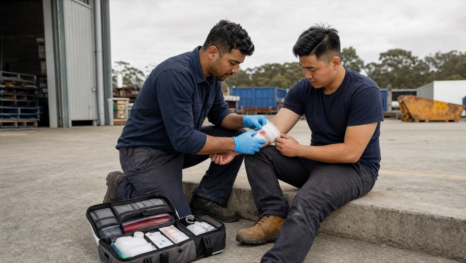 A workplace first aider bandaging a colleague's bleeding forearm beside an open first aid kit