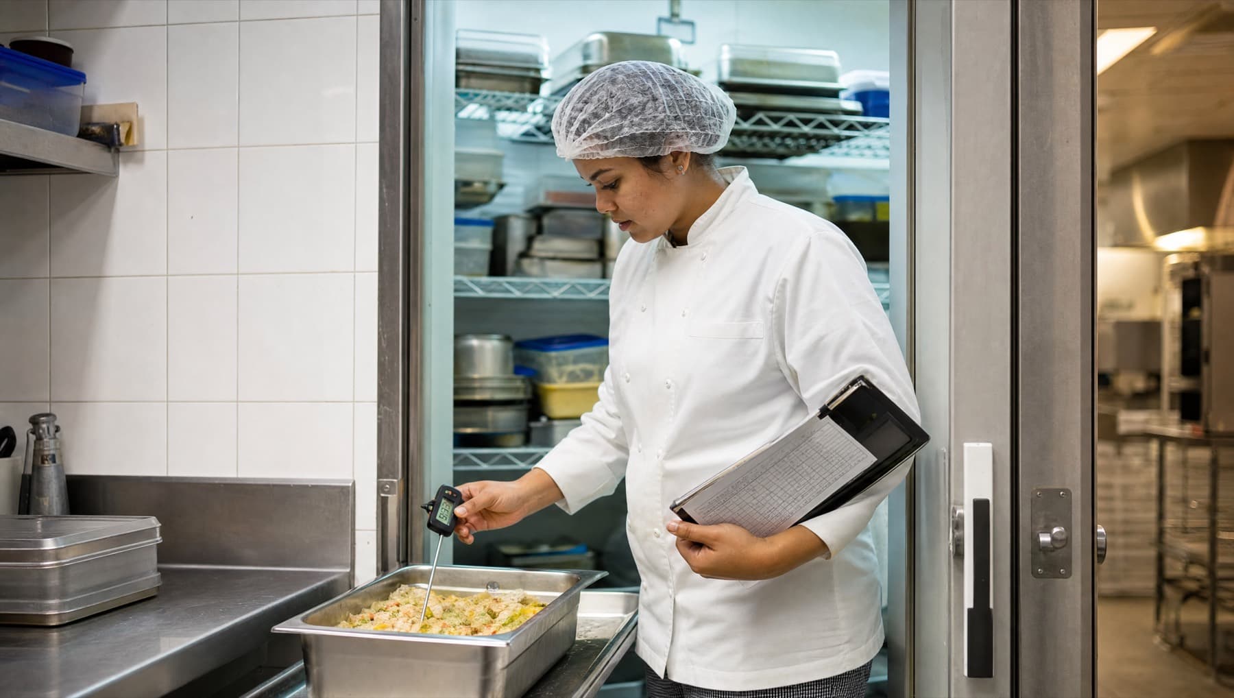 A kitchen supervisor checking the temperature of chilled food with a probe thermometer, temperature records held under one arm
