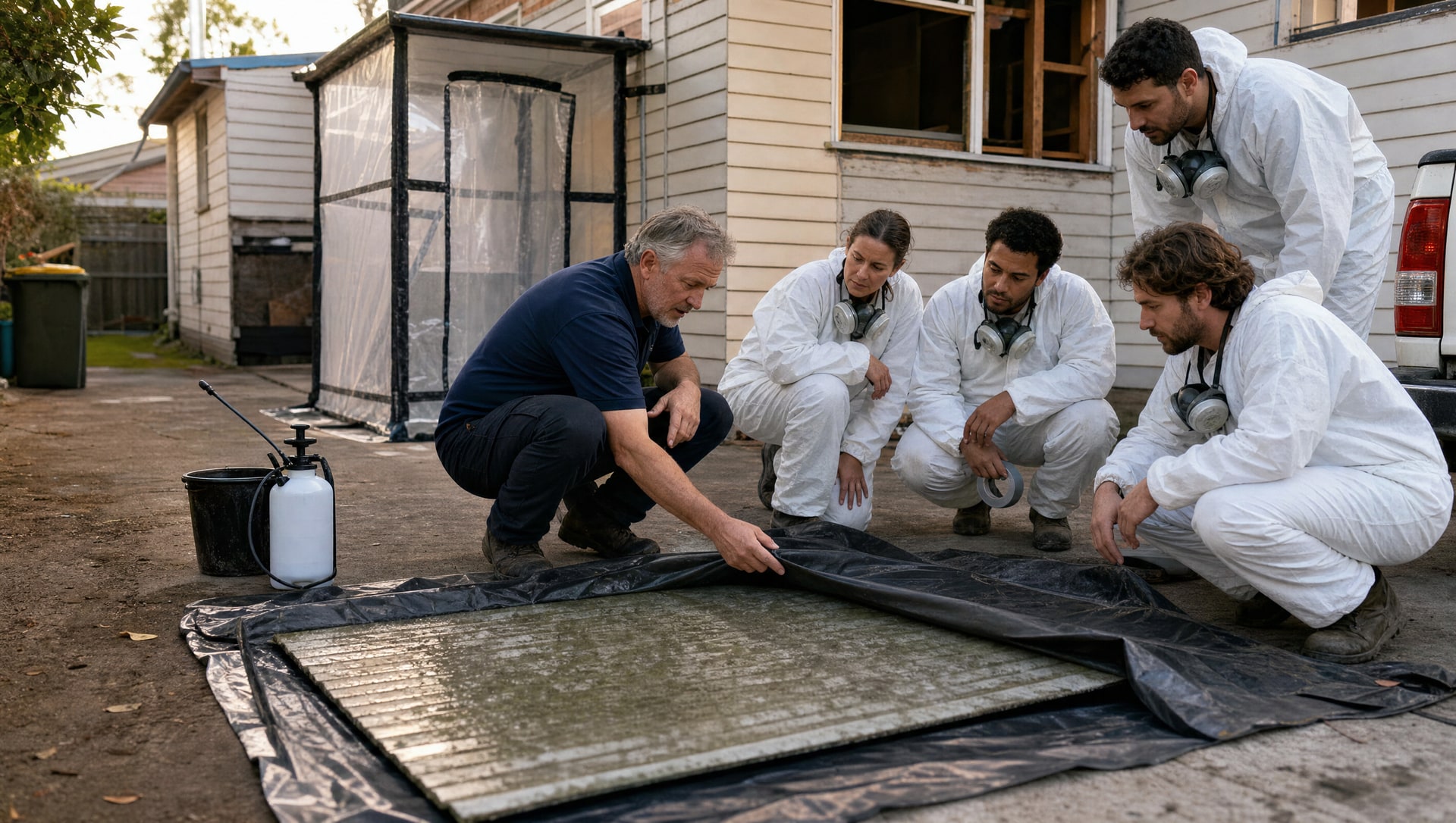 A trainer crouched beside a wetted asbestos sheet on black plastic, showing four workers in coveralls how to wrap it.